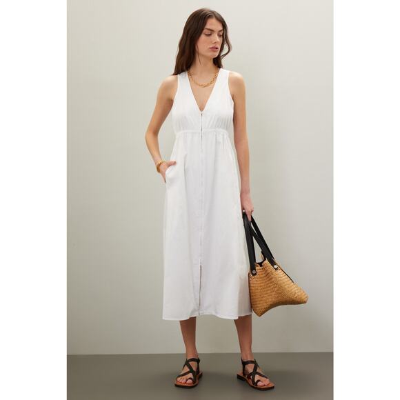 AREA STARS White Cotton Waist Cinching Sleeveless Jean A-Line Dress Size Large - Picture 1 of 12